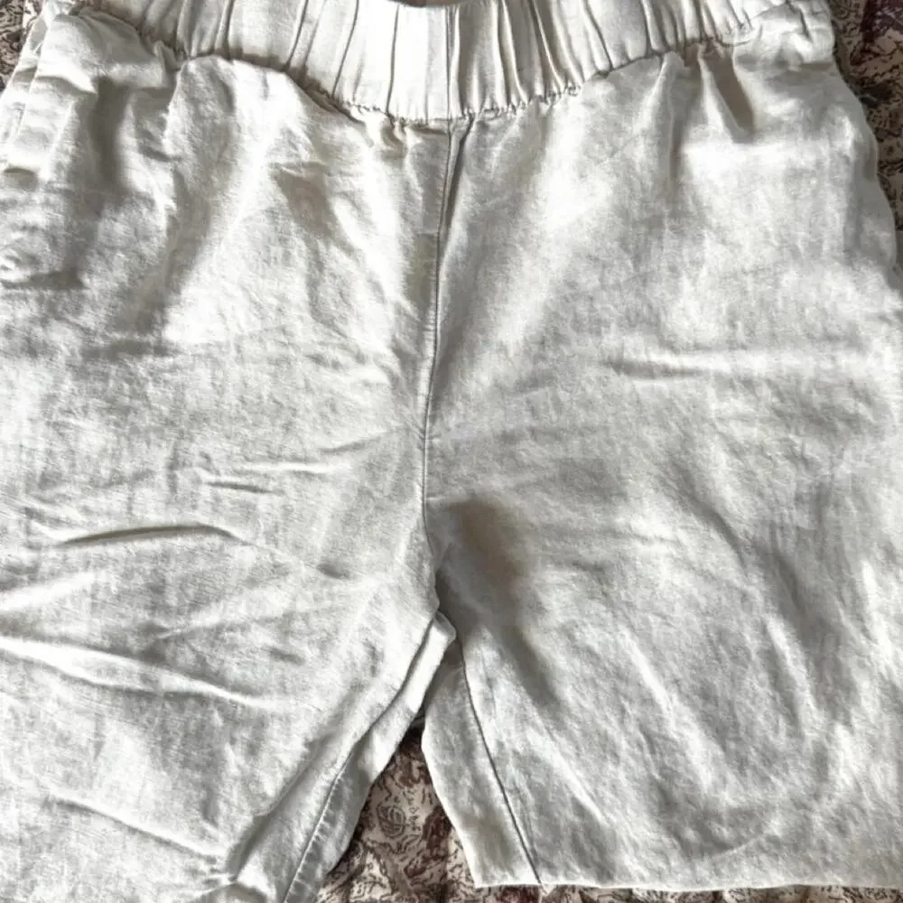 Natural linen blend cropped pants neutral wide leg elastic wasit